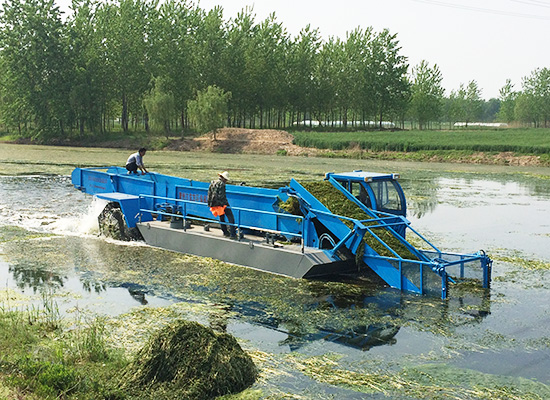 Water and grass harvesting boat
